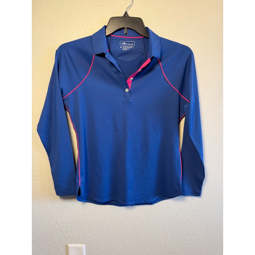 Peter Millar Womens Blue Pink Long Sleeve Golf Polo Shirt UPF 50 Medium